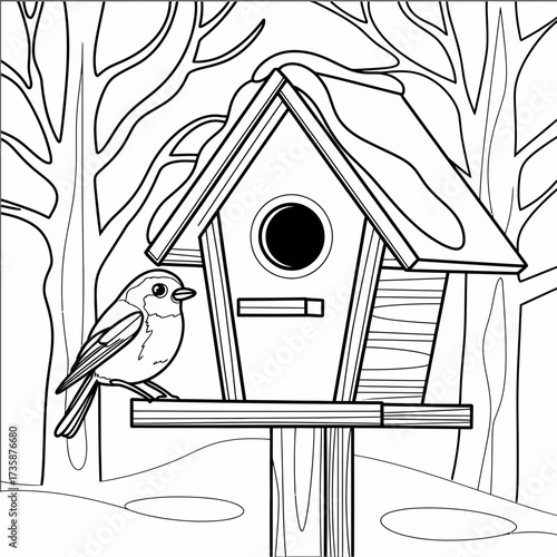 Vector line art illustration of a bird perched on a snowy birdhouse surrounded by trees silhouette