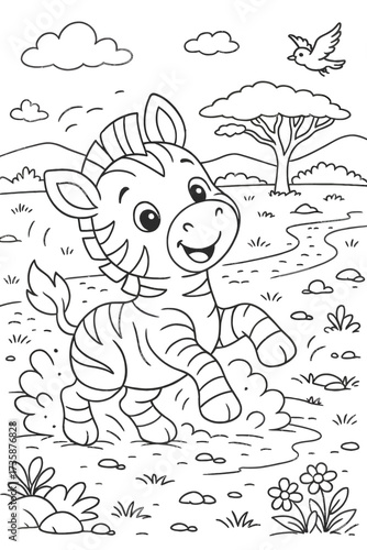 Playful baby zebra running cheerfully in the African savanna cartoon scene