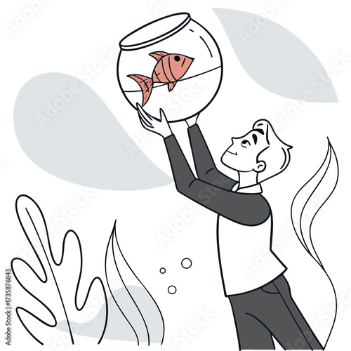 Man holding a fishbowl with a single orange fish looking up at abstract shapes and plant elements