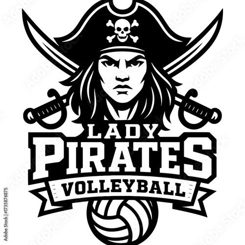 Pirates volleyball logo featuring a pirate head and volleyball graphic, suitable for school teams, beach tournaments, or competitive branding
