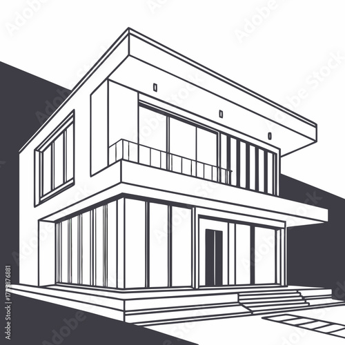 Modern architectural drawing of a sleek two story house with large windows and a balcony on a white background