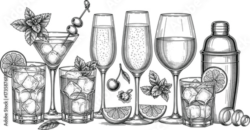 Vintage engraved illustration of cocktail glasses, garnishes, ice cubes, alcohol drinks, bar tools, mixology setup, celebration drinkware collection