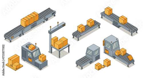 Isometric conveyor belt system with packages and automated machines in warehouse setting