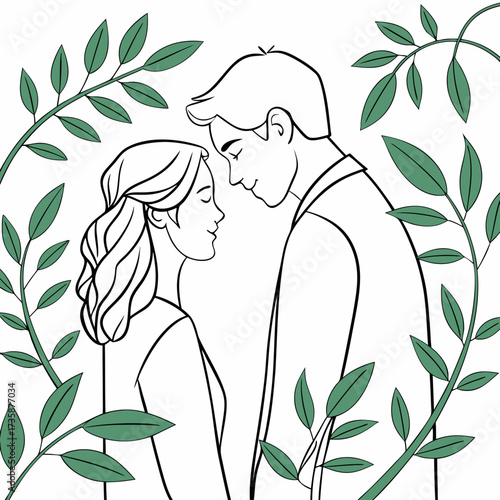 Romantic couple embracing tenderly surrounded by elegant green foliage and leaves in a simple line art illustration