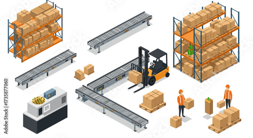 Automated warehouse logistics with conveyor belts, forklift, and workers in isometric style