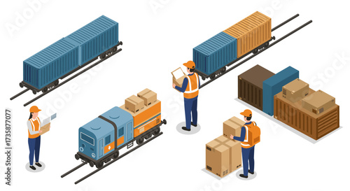 Isometric train logistics scene with workers loading containers and boxes