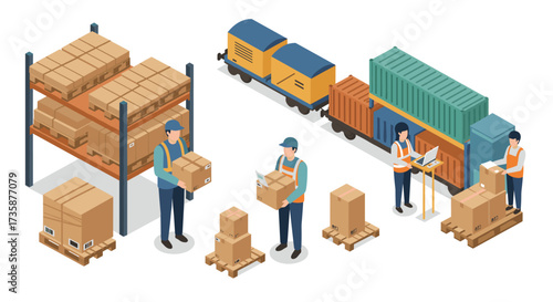 Isometric warehouse logistics with workers and freight train