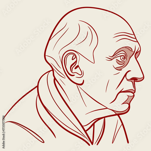 Striking single line drawing portrait of an elderly man in profile with a thoughtful expression and receding hairline against a neutral background