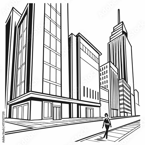 Stylized black and white illustration of a solitary woman walking down a city sidewalk with tall modern buildings lining the street