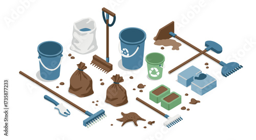 Isometric cleaning tools and supplies for gardening and waste management