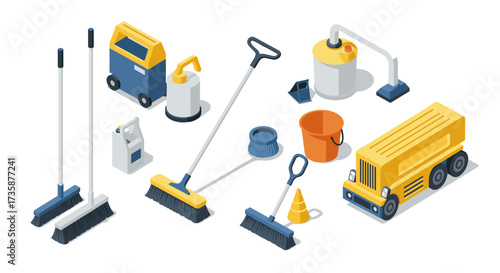 Isometric cleaning equipment collection brooms, buckets, and tools for maintenance