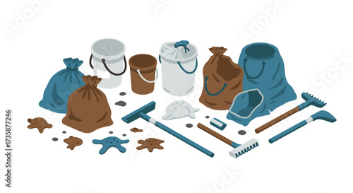 Isometric beach cleanup set with bags, buckets, and tools