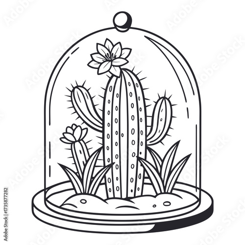 Stylized black and white line art illustration of a cactus plant with flowers growing inside a glass dome terrarium on a sandy base