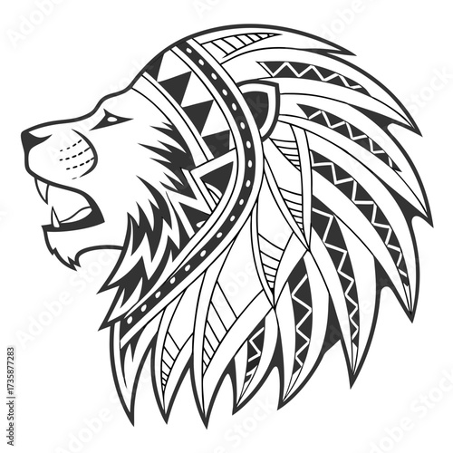 Stylized black and white line art illustration of a fierce roaring lion head with intricate tribal patterns