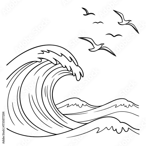 Stylized black and white line art illustration of a large ocean wave cresting with smaller waves in the background and seagulls flying in the sky above
