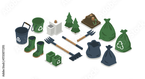 Isometric recycling and gardening tools collection for ecofriendly practices
