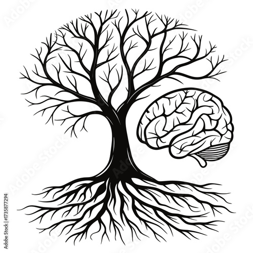Stylized black silhouette of a tree with intricate roots and branches intertwined with a human brain on a white background