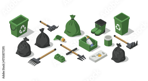 Sustainable waste management tools isometric set with green and black bags