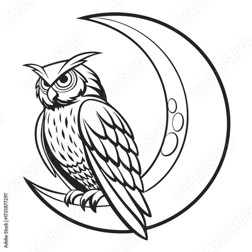 Stylized black and white line art illustration of a wise owl perched on a crescent moon against a white background