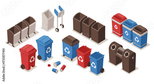 Isometric recycling bins and waste management set for urban environments