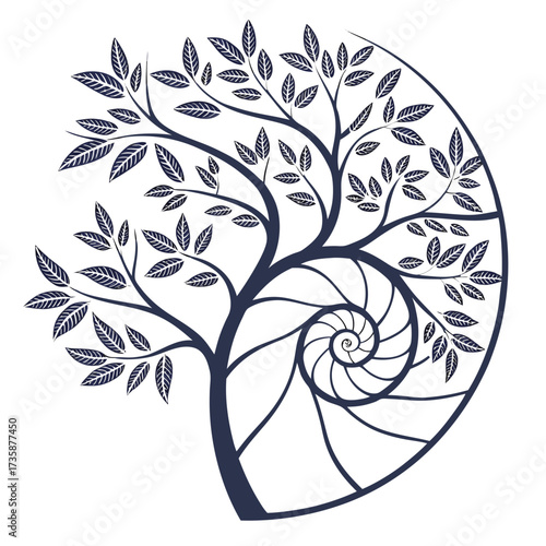 Stylized dark blue tree with intricate branches and leaves forming a fibonacci spiral pattern on a white background