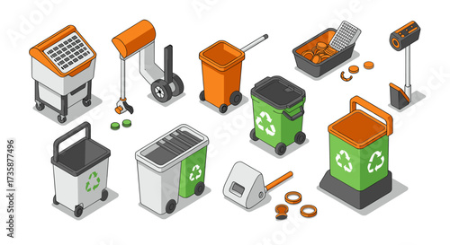 Isometric recycling bins and waste collection equipment on white background
