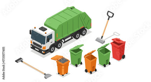 Garbage collection truck and bins set in isometric design for waste management and recycling
