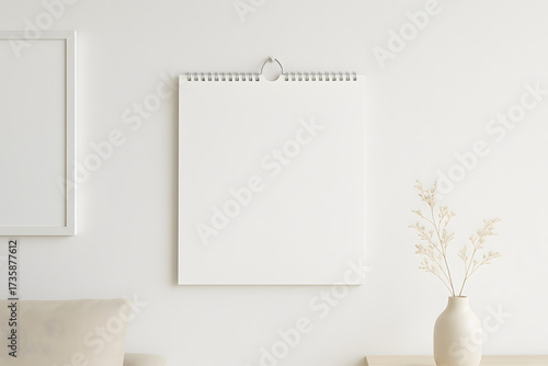 Blank wall calendar mockup in minimalist home office setting