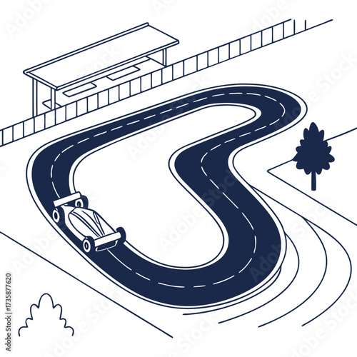 Stylized isometric illustration of a racing car on a winding track with pit stop area and tree