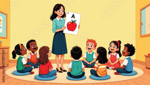 Preschool classroom vector, teacher showing alphabet flashcard, children seated on cushions, interactive learning scene, early education illustration design