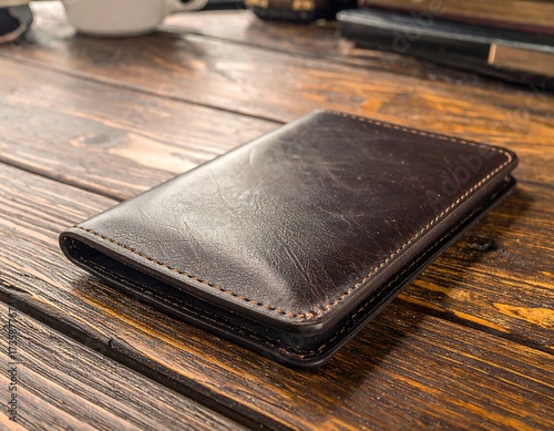 Brown leather wallet on wooden table