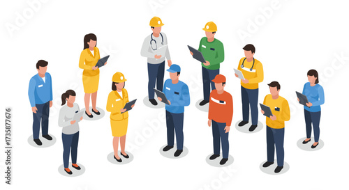 Diverse group of professionals collaborating in isometric style