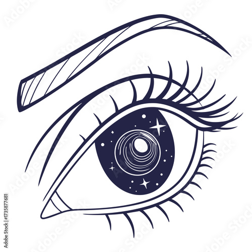 Stylized line art drawing of a single human eye with a swirling galaxy and stars depicted within the iris and pupil