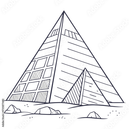 Stylized line art illustration of a large pyramid with a smaller pyramid in front on a sandy desert landscape with rocks