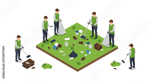 Community volunteers engaged in isometric outdoor cleanup on grass