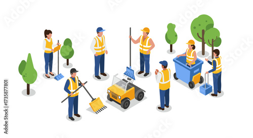 Community cleanup crew in park setting with workers and equipment in isometric style