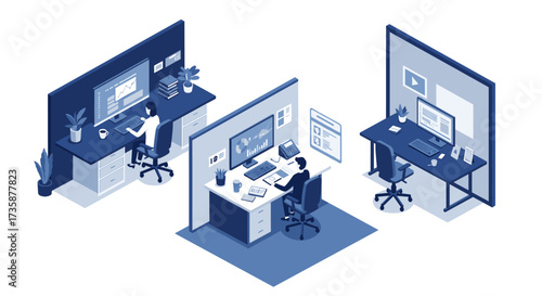 Modern office isometric design with workplace technology and remote work elements