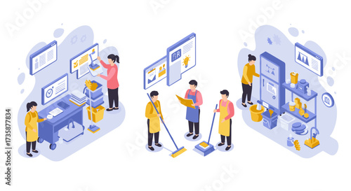 Isometric teamwork in office and warehouse collaborative work, cleaning and inventory management