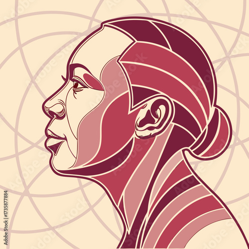 Stylized profile portrait of a woman s head in shades of red and pink with geometric lines and a soft cream background