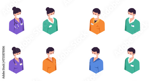 Isometric medical professionals wearing masks in uniforms