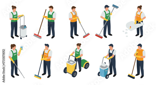 Isometric cleaning workers with janitorial equipment in action
