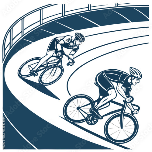 Two cyclists in full racing gear compete intensely on a banked velodrome track leaning into a sharp turn during a dynamic cycling event