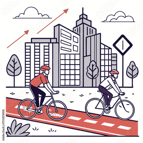 Two cyclists wearing helmets ride on a red bike lane with white markings in front of a modern city skyline with buildings and trees