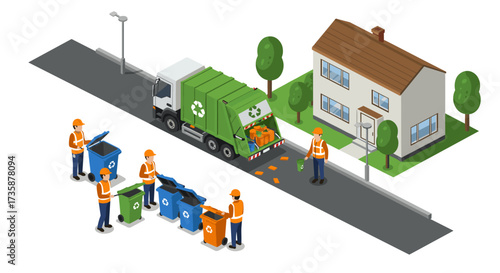 Isometric recycling collection on suburban street with garbage truck and workers
