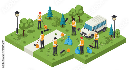 Isometric community cleanup scene with volunteers in a park setting
