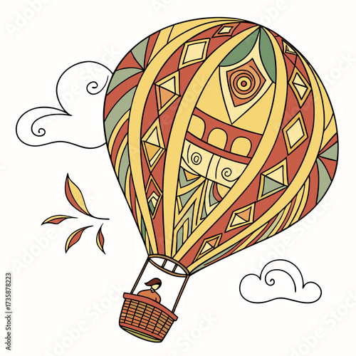 Whimsical hot air balloon with intricate geometric patterns and a person in a basket floats among stylized clouds and leaves
