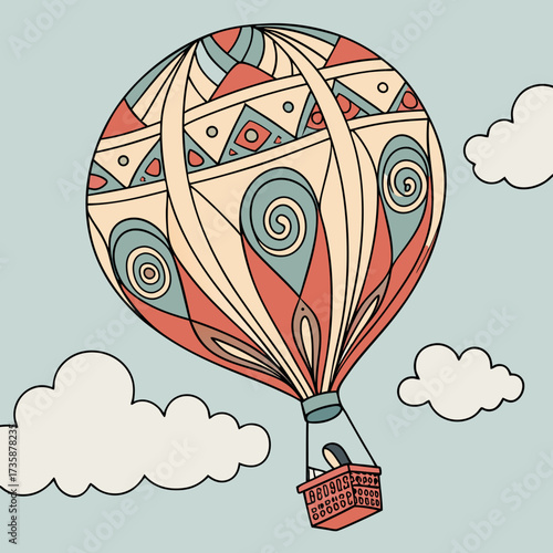 Whimsical hot air balloon with intricate tribal patterns floats serenely through a soft blue sky with fluffy clouds