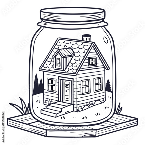 Whimsical illustration of a cozy house with a chimney and windows enclosed within a clear glass jar on a wooden base