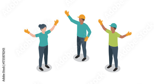 Isometric workers team collaboration in safety gear for construction projects