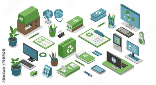 Ecofriendly office supplies isometric design featuring green recycle symbols and digital tools
